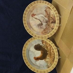 COUNTRY ROOSTER & HEN DECORATOR PLATE SET (2) NWOT